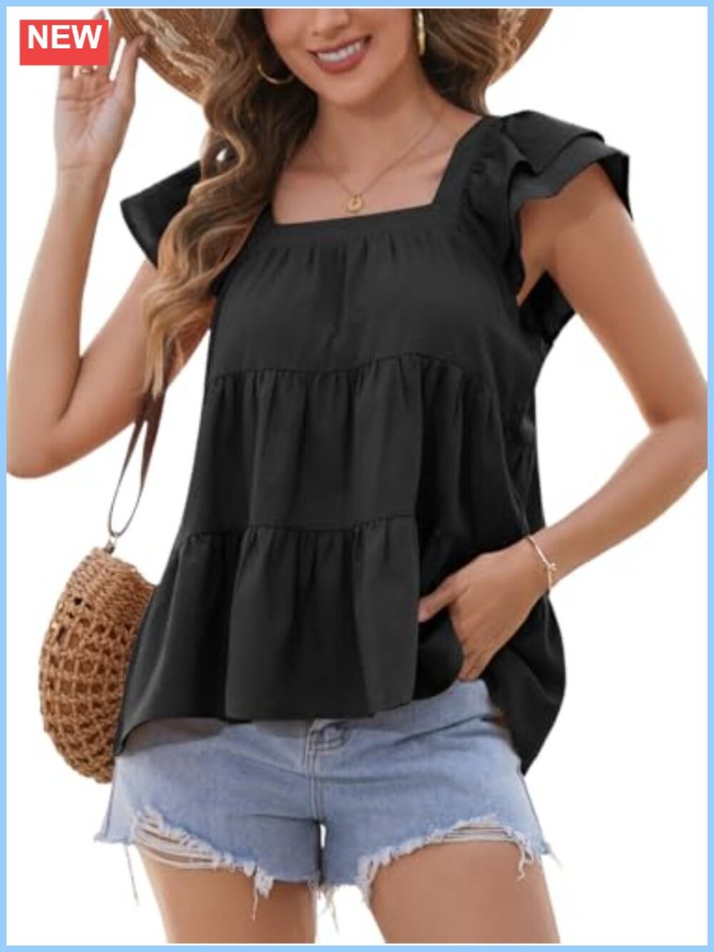 Women's Babydoll Peplum Tank Top Ruffle Sleeve Square Neck Flowy Summer Blouse